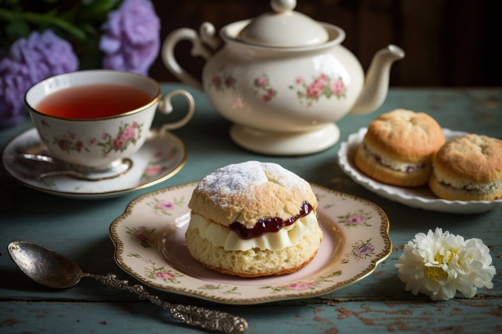 A cup of tea and scones with jam and cream on a pretty table for afternoon tea or high tea. Generative AI.